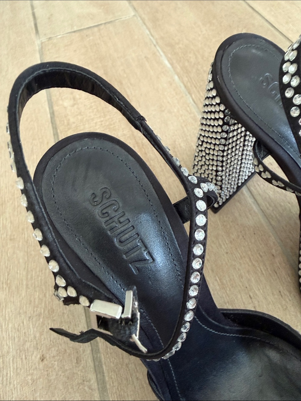 SCHUTZ Black Rhinestone Square-Toe Slingback Heels 10 Jaycie - Picture 7 of 12